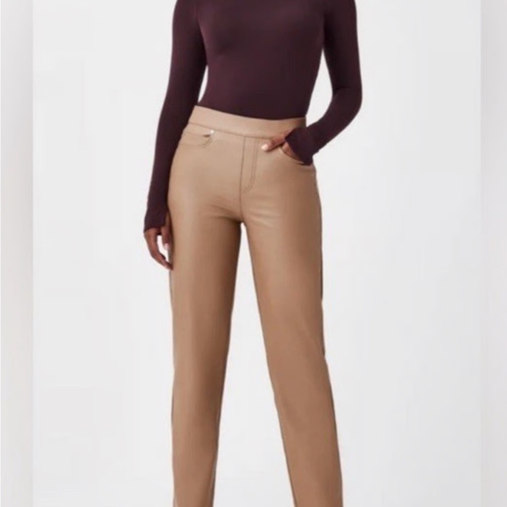 SPANX Faux Leather Slim Straight Toffe Tan Pull On Pants Size XL